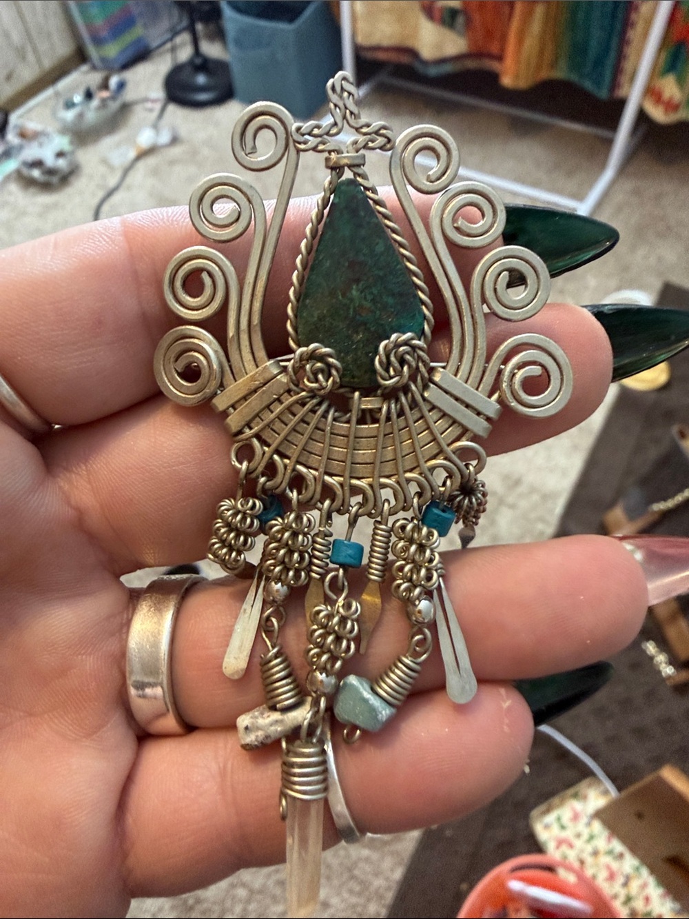 Handcrafted Silver-Tone Green Stone Bohemian Pendant Necklace
